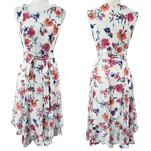 Calvin Klein White Floral Chiffon Belted Midi Dress Romantic Wedding Guest - Picture 1 of 8